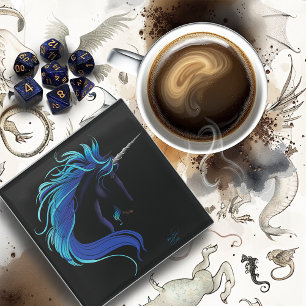 Posavasos De Vidrio Elegante Unicornio Negro Fantasía Mágica Azul Plat