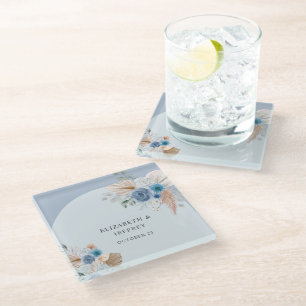 Posavasos De Vidrio Elegante y rústico Boho Dusty Blue Pampas Boda