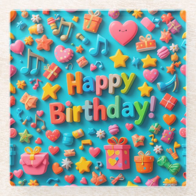 Posavasos De Vidrio Elementos Coloridos de Celebración de Cumpleaños (Anverso)