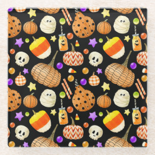 Posavasos De Vidrio Elementos de Halloween: calabazas, calavera, patró