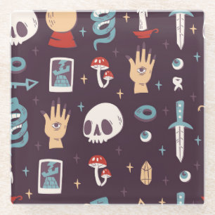 Posavasos De Vidrio Elementos mágicos: cráneo, tarot sin costuras