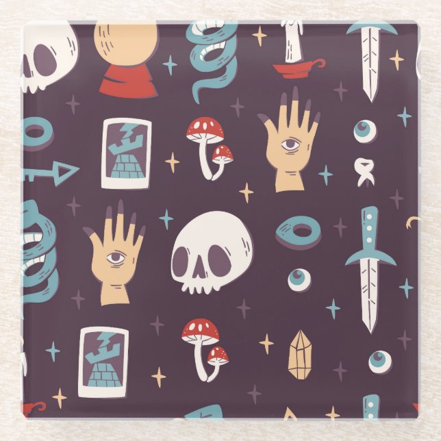 Posavasos De Vidrio Elementos mágicos: cráneo, tarot sin costuras (Anverso)