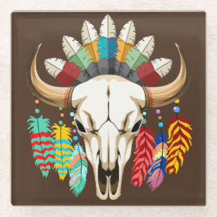 Posavasos De Vidrio Emblema de cráneo de búfalo nativo americano