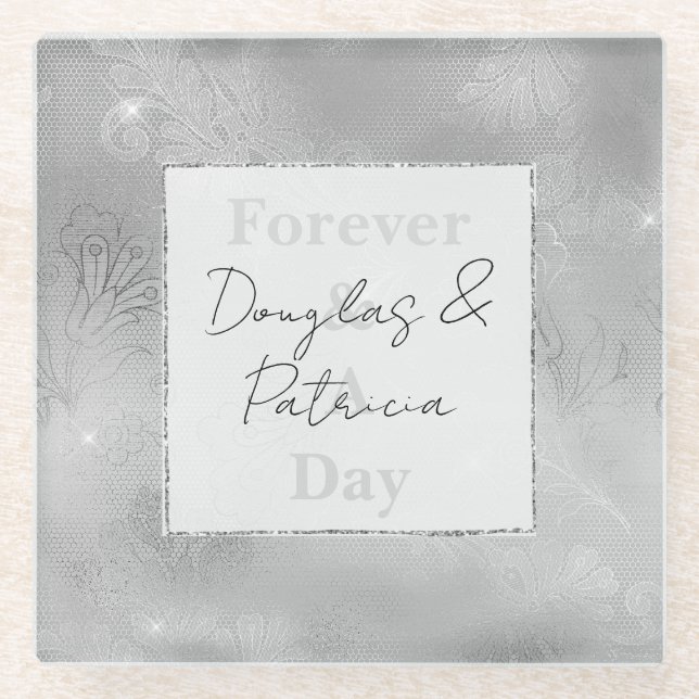 Posavasos De Vidrio Encaje Plateado Chic (Anverso)