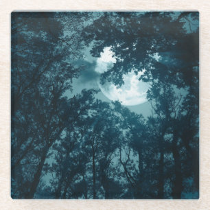 Posavasos De Vidrio Encantador bosque nocturno con luna llena