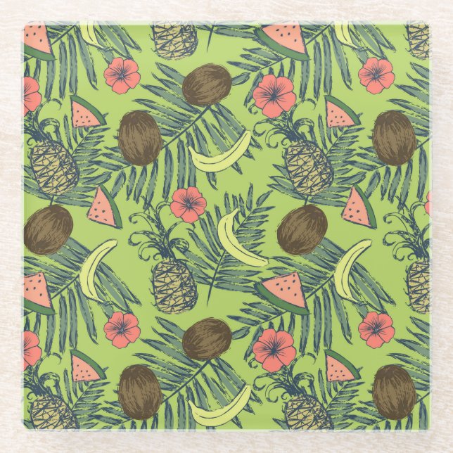 Posavasos De Vidrio Esbozo de frutas tropicales sobre el patrón verde (Anverso)