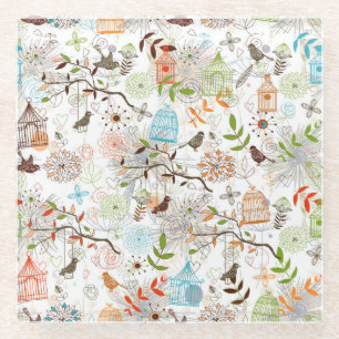 Posavasos De Vidrio Esbozo de pájaros y jaulas de pájaros dibujado a m