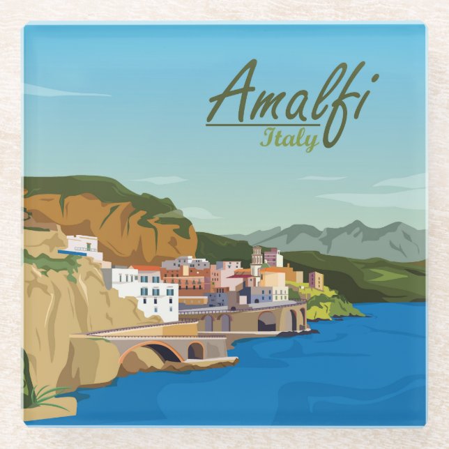 Posavasos De Vidrio Esbozo panorámico Hand Drawn Amalfi Italia (Anverso)