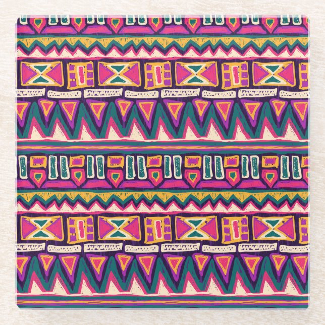 Posavasos De Vidrio Esbozos tribales: patrón azteca dibujado a mano. (Anverso)