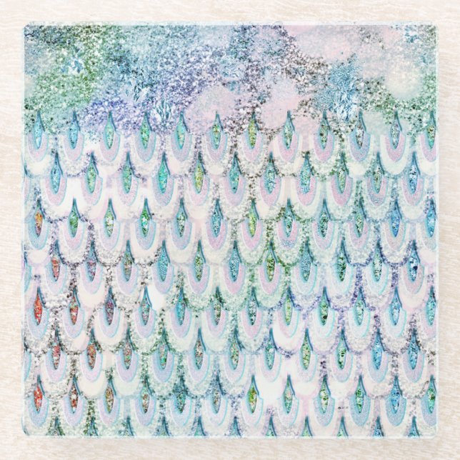 Posavasos De Vidrio Escalas de peces de sirena verde azulada Purpurina (Anverso)