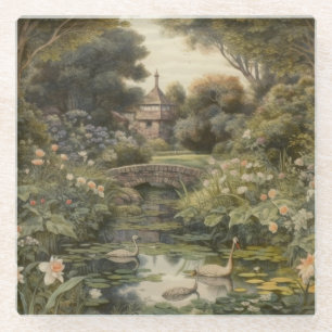 Posavasos De Vidrio Escena botánica de cisnes en un jardín inglés