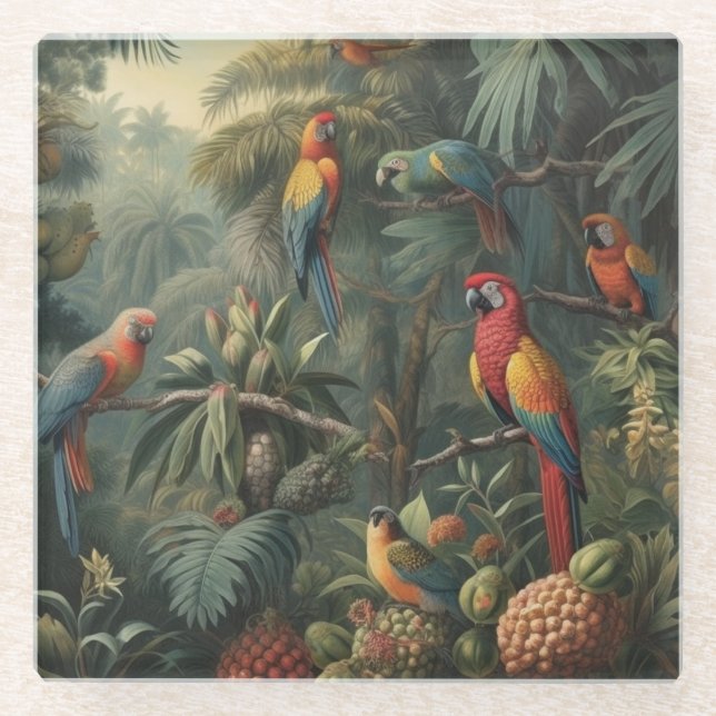 Posavasos De Vidrio Escena botánica de loros y piñas (Anverso)