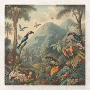 Posavasos De Vidrio Escena botánica vintage de loros y flores