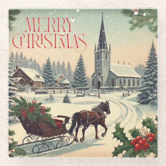 Posavasos De Vidrio Escena clásica/vintage de Navidad (Anverso)