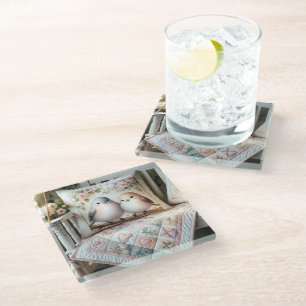 Posavasos De Vidrio Escena de colcha floral de tórtolas Cottagecore