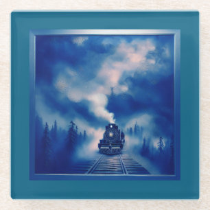 Posavasos De Vidrio Escena De Color Azul Con Locomotora De Vapor Vieja