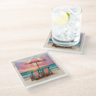 POSAVASOS DE VIDRIO ESCENA DE VERANO DE PLAYA ANGUSTIADA VINTAGE BONIT