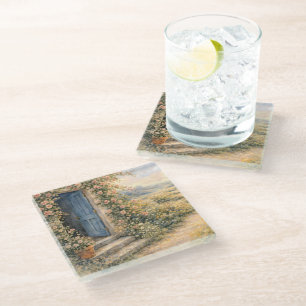 Posavasos De Vidrio Escena del camino floral de la puerta azul del jar