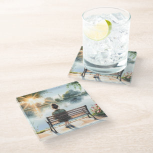 Posavasos De Vidrio Escena del lago con reflejos del atardecer