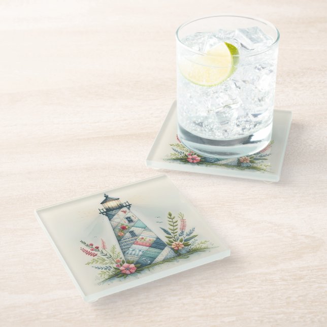 Posavasos De Vidrio Escena floral costera del faro de patchwork (Angular)