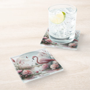 Posavasos De Vidrio Escena floral de flamenco en estanque pastel