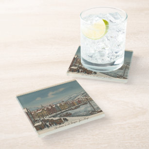 Posavasos De Vidrio Escena navideña vintage de Bergen, Noruega en vidr