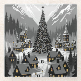 Posavasos De Vidrio Escena Snowy de la silueta de montaña rusa