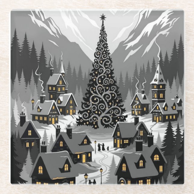 Posavasos De Vidrio Escena Snowy de la silueta de montaña rusa (Anverso)