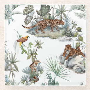 Posavasos De Vidrio Escena tropical de color de agua de leopardo de la