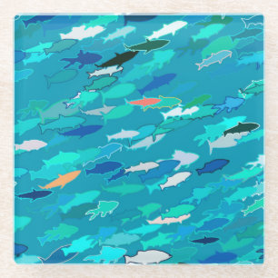 Posavasos De Vidrio Escuela de Pescado, Turquesa, Azul y Aqua
