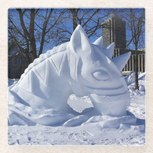 Posavasos De Vidrio Escultura de Nieve de Caballo, Quebec, Canadá (Anverso)
