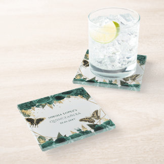 Posavasos De Vidrio Esmeralda Verde Oro Floral Elegante Quinceanera