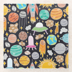 Posavasos De Vidrio Espacio Doodle: Cosmos Vintage hechos a mano.