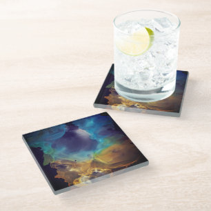 Posavasos De Vidrio Espacio Nebula amarillo azul Alcohol Tinta arte