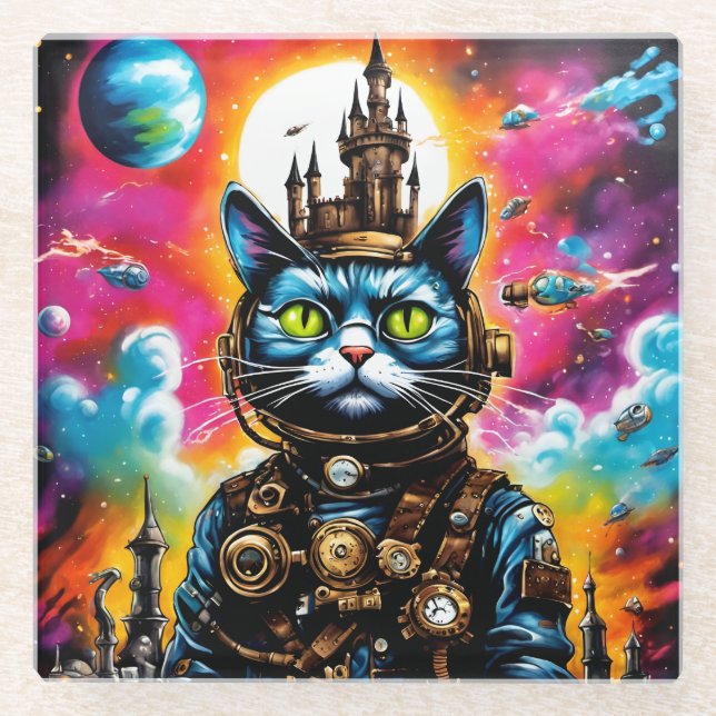 Posavasos De Vidrio Espacio Steampunk Cat II (Anverso)
