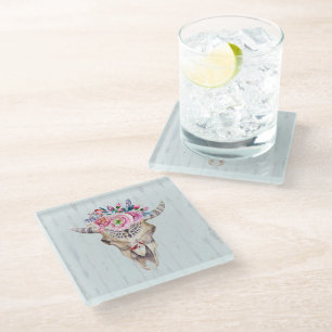 Posavasos De Vidrio Esqueleto Con Cuerno Y Flores