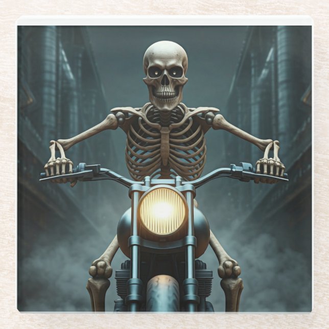 Posavasos De Vidrio Esqueleto En Moto (Anverso)