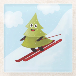 Posavasos De Vidrio Esquí de Pino Árbol Cute Nieve Deportiva Invierno