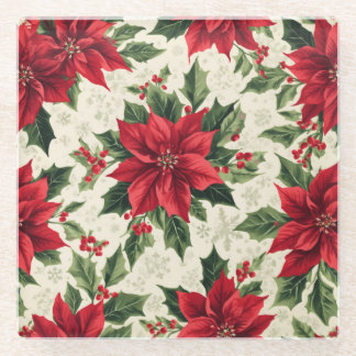 Posavasos De Vidrio Estampa Clásica de Navidad con Poinsettia Roja y A