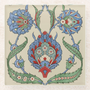 Posavasos De Vidrio Estampa de arte floral geométrico vintage en azul
