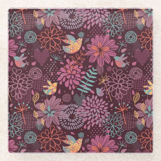Posavasos De Vidrio Estampado de flores abstracto con los pájaros (Anverso)