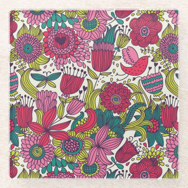 Posavasos De Vidrio Estampado de flores brillante (Anverso)