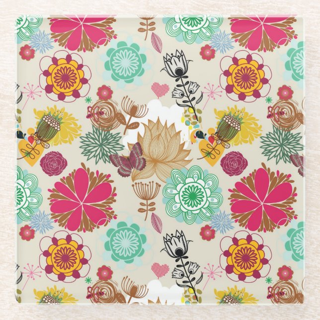 Posavasos De Vidrio Estampado de flores en estilo retro (Anverso)