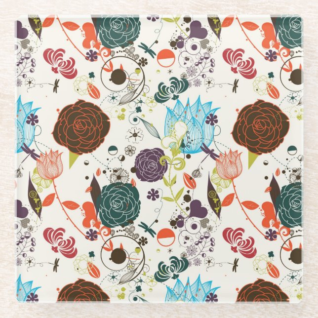Posavasos De Vidrio Estampado de flores retro 2 2 (Anverso)
