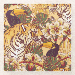 Posavasos De Vidrio Estampado de flores tropical con el tigre