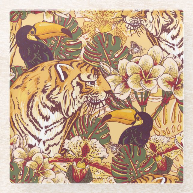 Posavasos De Vidrio Estampado de flores tropical con el tigre (Anverso)