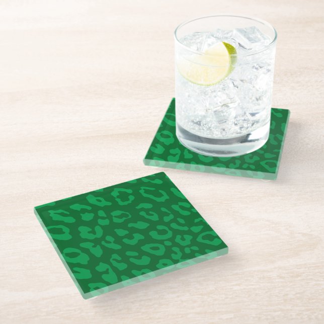 Posavasos De Vidrio Estampado de leopardo verdes pálidos (Angular)