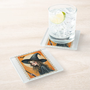 Posavasos De Vidrio Estampilla de posta de brujas de época