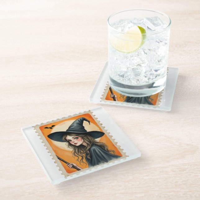Posavasos De Vidrio Estampilla de posta de brujas de época