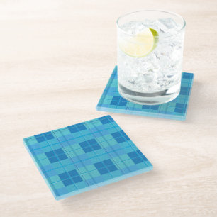 Posavasos De Vidrio Estética de Cuadro Escocés Azul Cielo Real Clásico